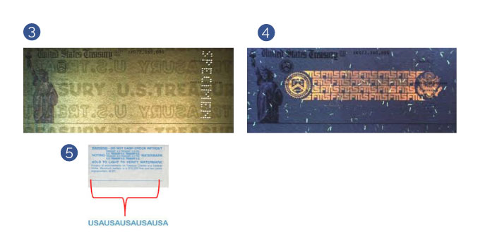US Treasury Check watermark, microtext and ultraviolet overprinting