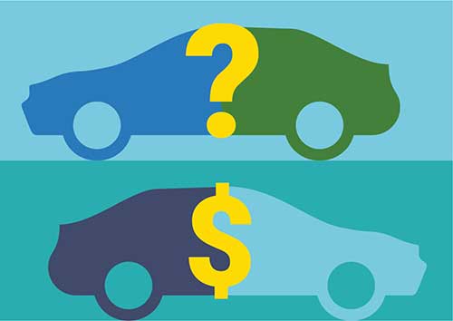 Cars with a question mark and a dollar sign, symbolizing smart car shopping