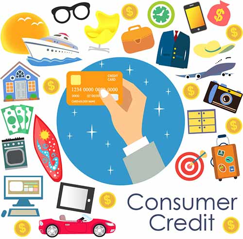 Consumer Credit, with a hand holding a credit card and a collage of numerous products and services, symbolizing borrowing money