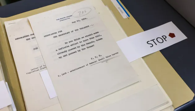 Image of documents from the FDR Museum associated with the first legislative action on creating a framework for the American credit union movement.