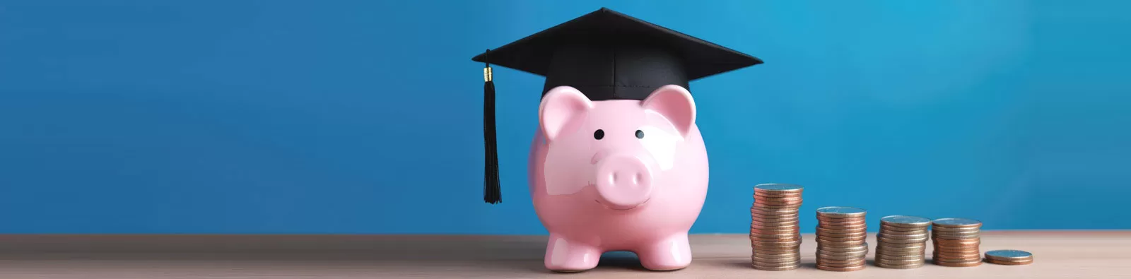 Banner Piggy bank with graduation cap and coins 