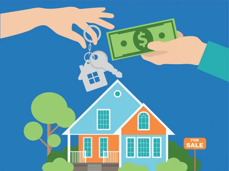 Casa con una persona entregando dinero en efectivo a otra, simbolizando los precios y las tasas de una hipoteca.